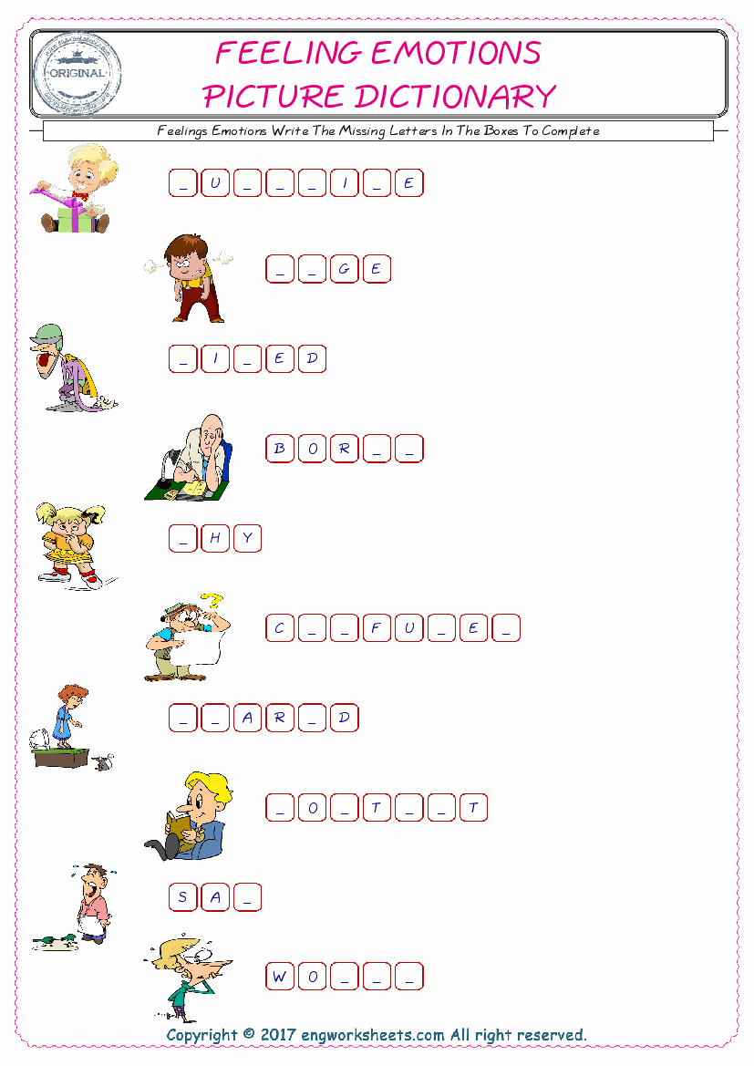  Type in the blank and learn the missing letters in the Feelings Emotions words given for kids English worksheet. 
